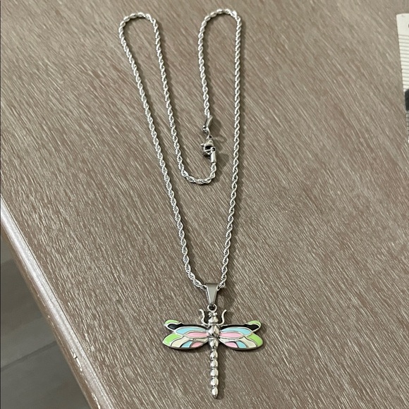 Artisan Jewelry - Artisan Silver Dragonfly Necklace with Pink and Green Accents
